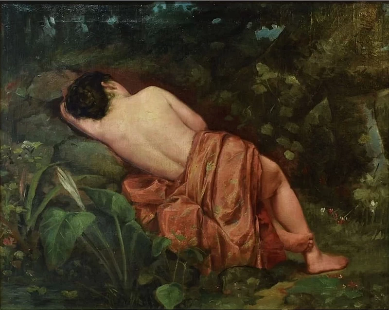 Nudo drappeggiato, sdraiato in un paesaggio forestale